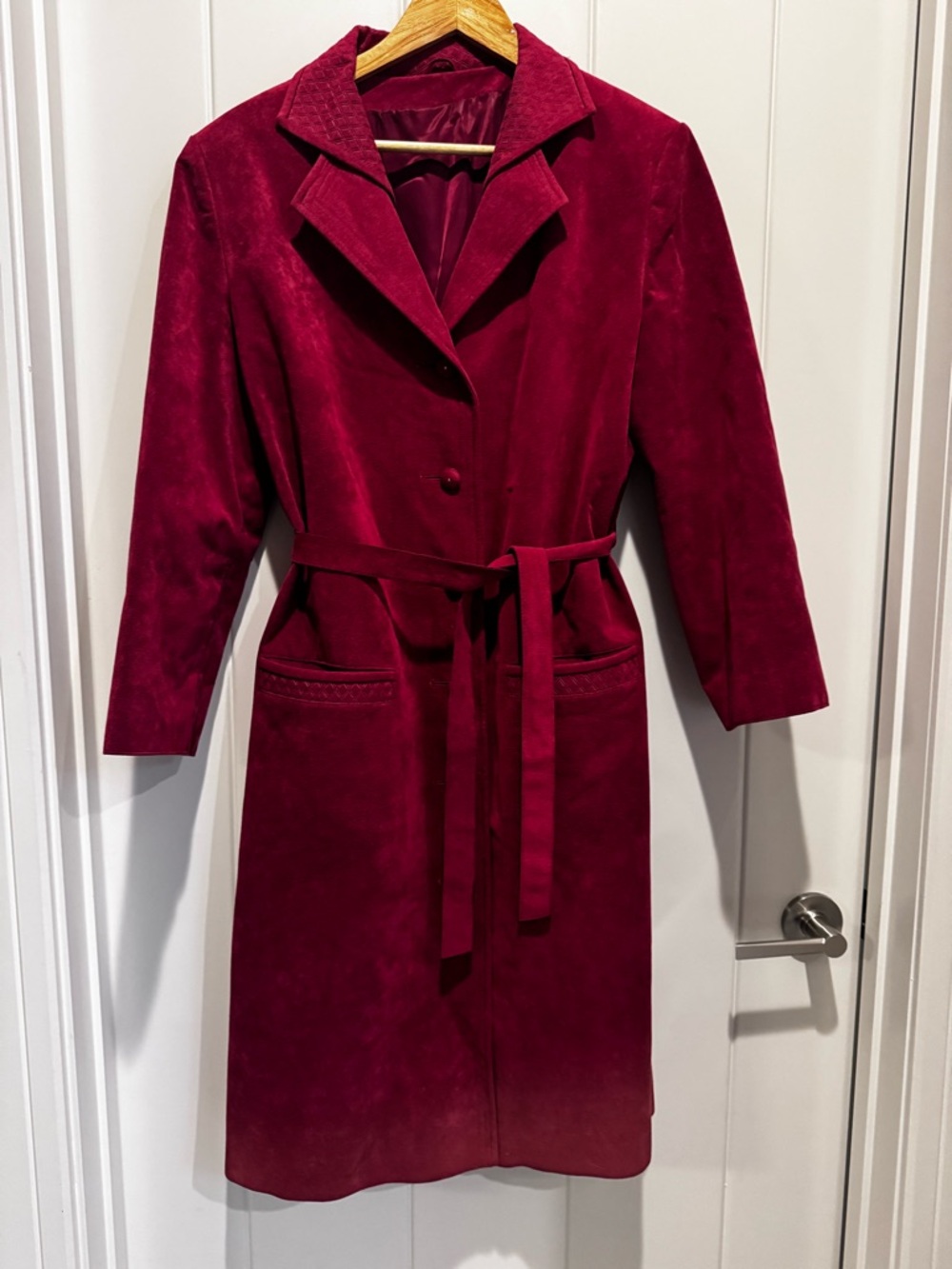 Vintage Wine Red Velvet Belted Long Coat